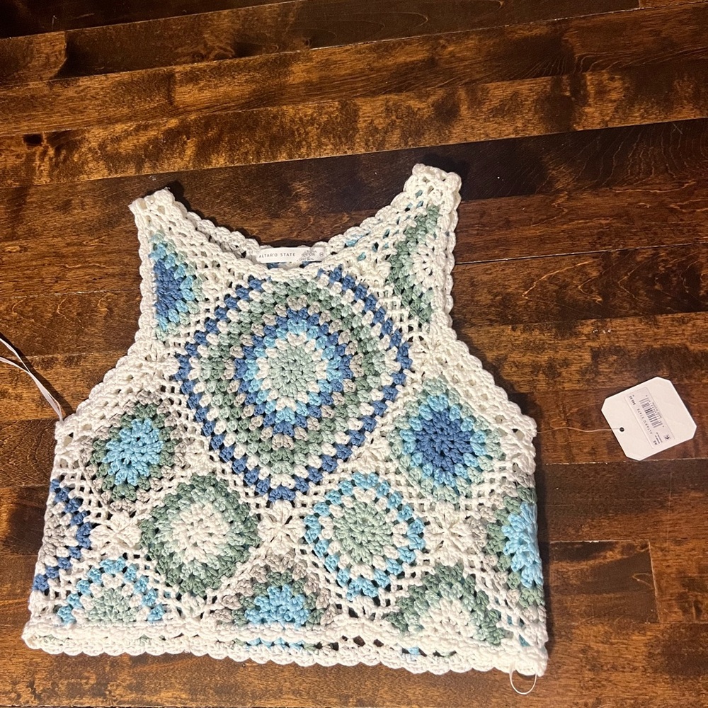 Altar'd State Blue and White Cropped Sleeveless Tank Top